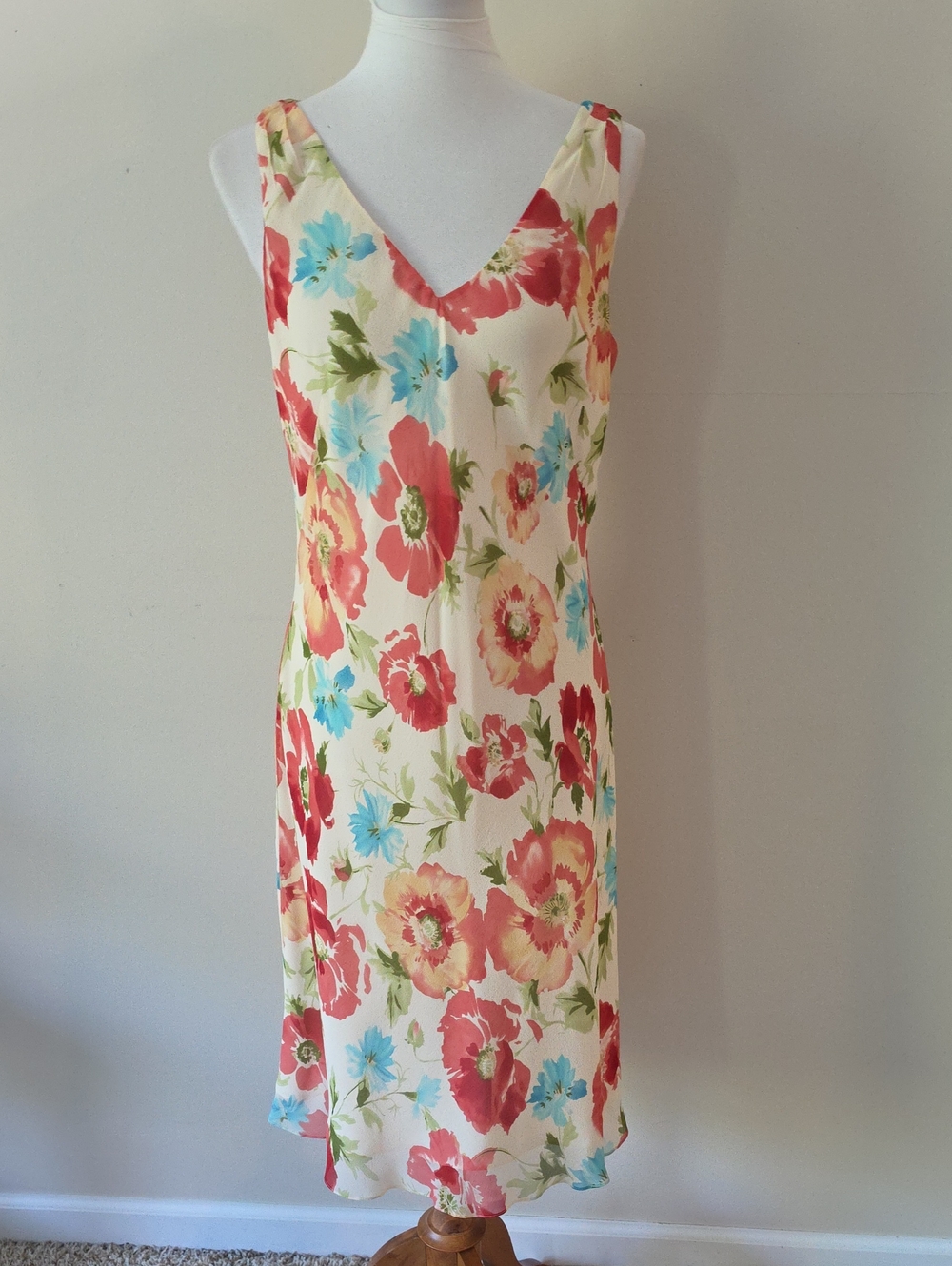 Ann Taylor Floral Slip Dress - Cream with Red & Blue Flowers Brand New